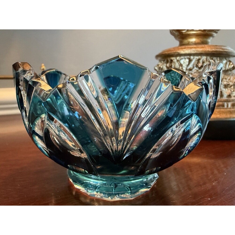 Caesar Bohemian Lead Crystal Bowl Peacock Blue Hand Cut to Clear Cased